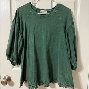 Altar'd State Forest Green Blouse with Lace Trim